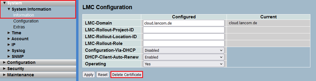 LMC-Zertifikat auf einem Gerät mit LCOS SX (GS-23xx) per WEBconfig löschen