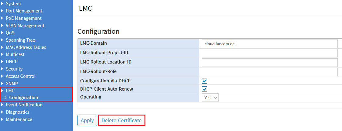 LMC-Zertifikat auf einem Gerät mit LCOS SX (GS-3xxx) per WEBconfig löschen