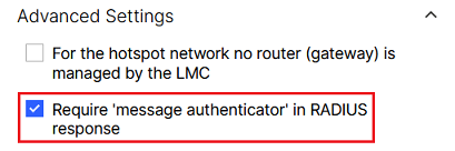 Screenshot of an advanced settings menu for configuring a hotspot network, including options to manage the router gateway and require a message authenticator in RADIUS responses.