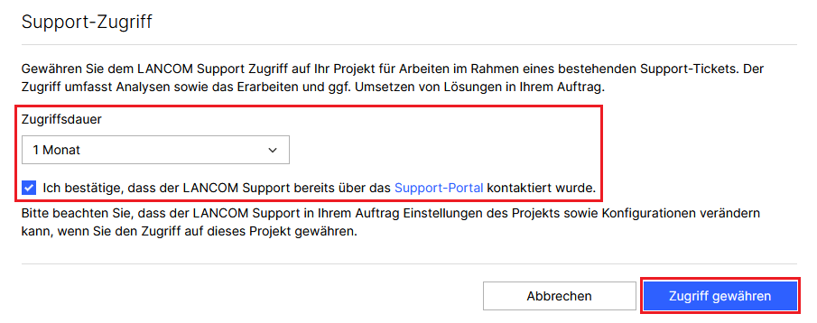 Zugriffsdauer für Support-Zugang setzen und Zugriff aktivieren