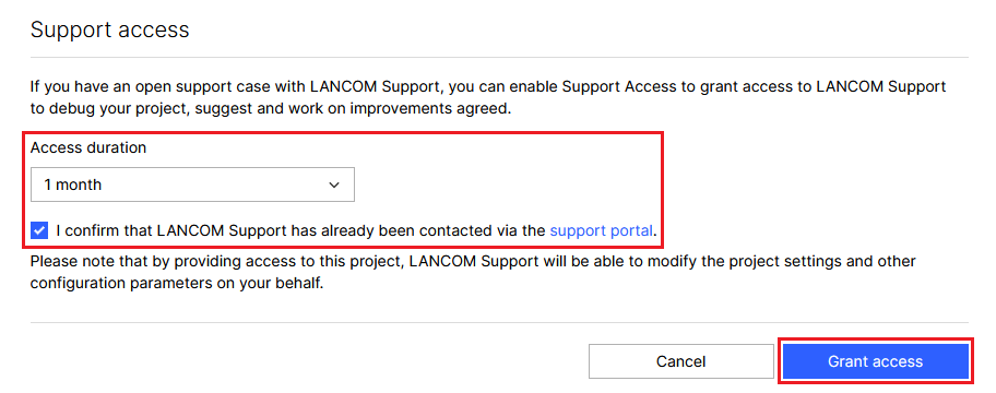 Setting access duration and confirming support access