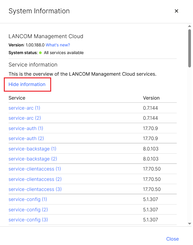 List of micro services in the system information