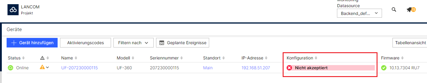 Geräte-Liste in LMC mit Fehlermeldung zur nicht akzeptierten Konfiguration