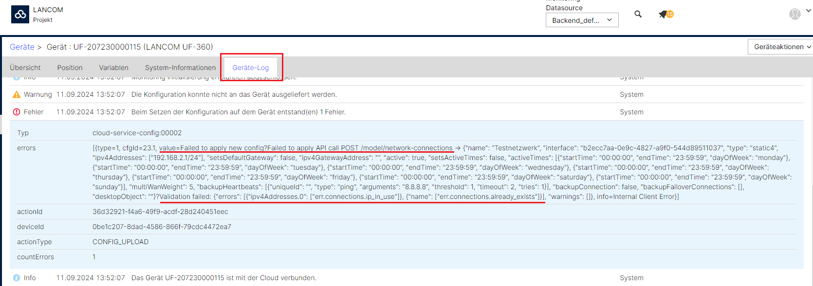 Geräte-Log in der LMC mit detaillierter Fehlermeldung