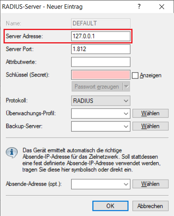 Loopback-Adresse als Verweis auf den internen RADIUS-Server eintragen