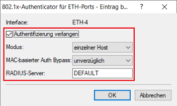 MAC-Authentifizierung für das physikalische Interface aktivieren und RADIUS-Server hinterlegen