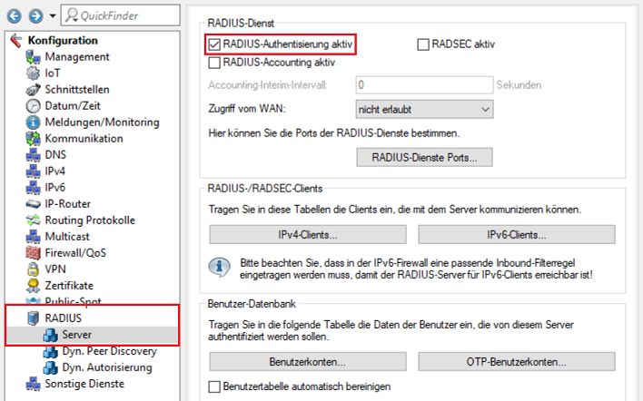 RADIUS-Authentisierung im RADIUS-Server aktivieren