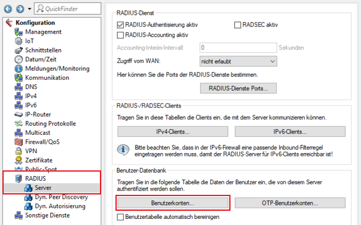 Menü Benutzerkonten im RADIUS-Server öffnen
