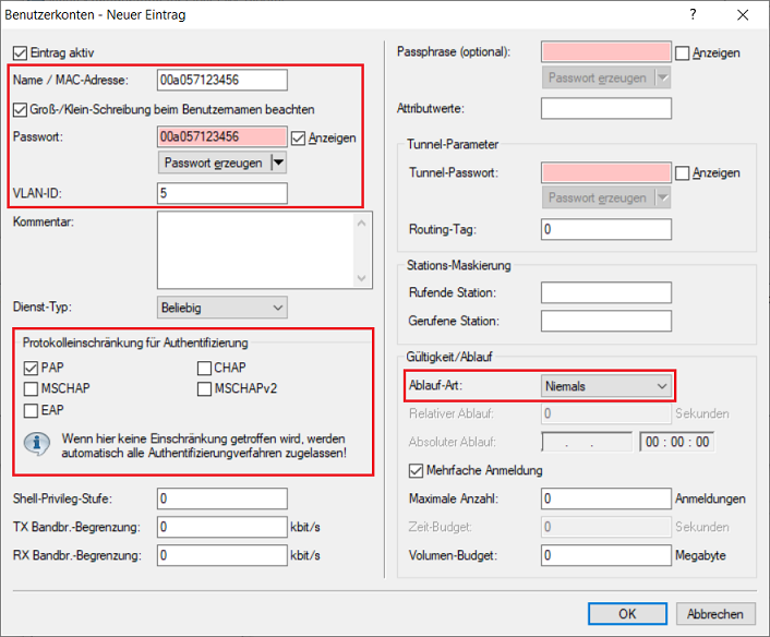 Parameter für RADIUS-Benutzer angeben