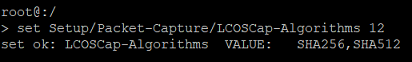 Screenshot einer technischen Benutzeroberfläche, die Einstellungen für Paketerfassung und LCOS-Kapitalgorithmen zeigt, einschließlich Optionen wie 'setSetupPacketCapture', 'setokLCOSCapAlgorithms' und Verschlüsselungsmethoden 'VALUESHASGSHASIZ'.