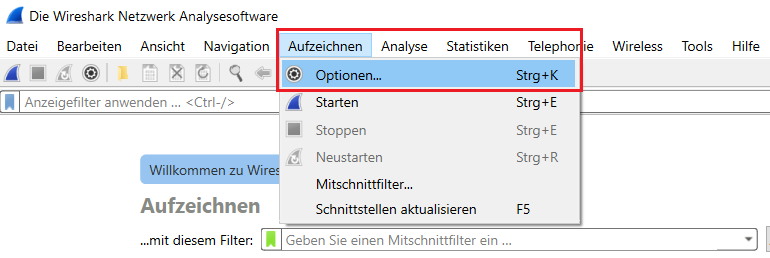 Screenshot der Benutzeroberfläche der Wireshark Netzwerkanalyse Software, der verschiedene Menüoptionen wie Datei, Bearbeiten, Ansicht, Navigation, Aufzeichnen, Analyse, Statistiken, Telephorie, Wireless, Tools und Hilfe sowie Optionen für Anzeigefilter und Steuerung der Aufzeichnung zeigt.