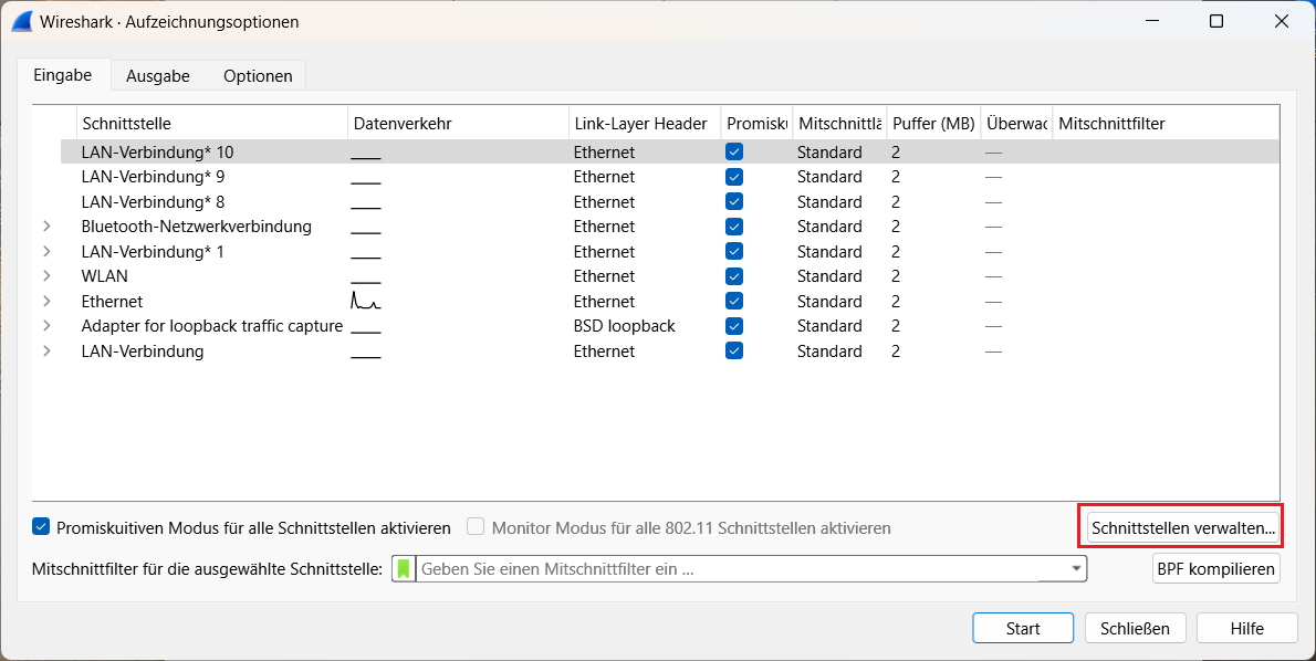 Screenshot der Aufzeichnungsoptionen in Wireshark mit Ansicht von Schnittstelleneinstellungen, Promiskuitätsmodus, Monitor-Modus und verschiedenen Netzwerkverbindungen wie Ethernet, WLAN und Bluetooth.