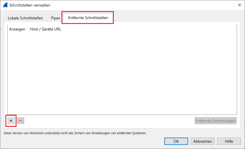 Screenshot einer technischen Benutzeroberfläche eines Netzwerkanalysetools, das Optionen zur Verwaltung lokaler Schnittstellen und Anzeigen von Geräte-URLs zeigt, jedoch das Sichern von Einstellungen entfernter Systeme nicht unterstützt.