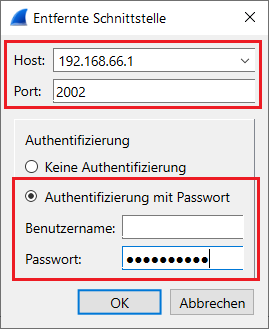 Screenshot einer Konfigurationsseite für eine Netzwerkschnittstelle, die Einstellungen für Host, Port und Authentifizierungsoptionen wie Keine Authentifizierung und Authentifizierung mit Passwort darstellt.