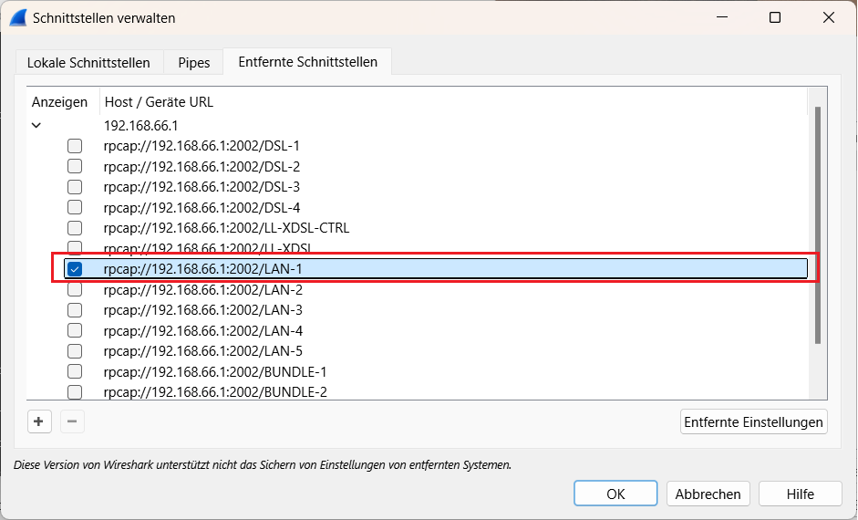 Beschreibung der Benutzeroberfläche eines Verwaltungstools für Netzwerkschnittstellen, die Optionen zur Anzeige und Konfiguration lokaler und entfernter Schnittstellen, einschließlich deren Einstellungen und URLs, sowie Hinweise zur Inkompatibilität von Funktionen in der aktuellen Softwareversion zeigt.