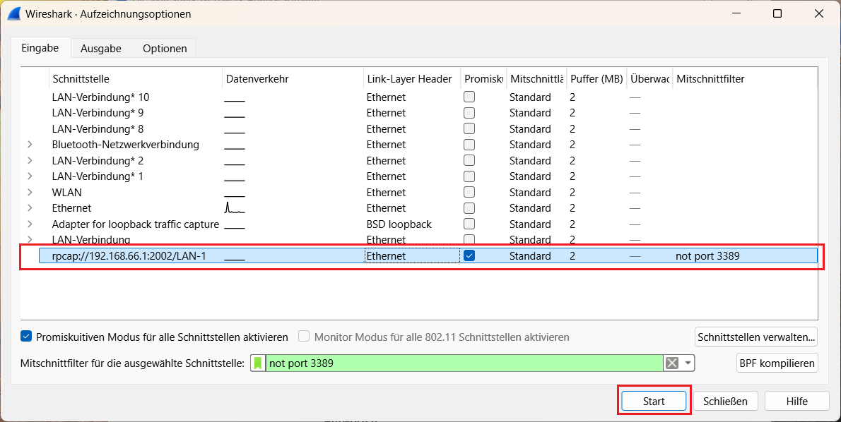 Screenshot der Aufzeichnungsoptionen in Wireshark mit verschiedenen Netzwerkinterfaces wie LAN- und Bluetooth-Verbindungen, Optionen für Link-Layer-Header, promiskuitiven Modus und Einstellungen für den Mitschnittfilter.