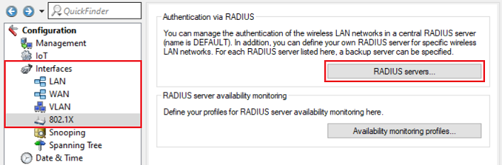 A screenshot of a network configuration interface showing options for managing wireless LAN authentication via a central RADIUS server, including settings for default management pane, specific RADIUS server definitions for certain networks, and RADIUS server availability monitoring.