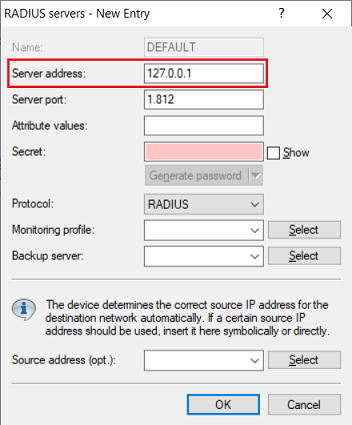 An image displaying a configuration menu for RADIUS servers with options including a new entry setup, protocol selection, and password generation features.