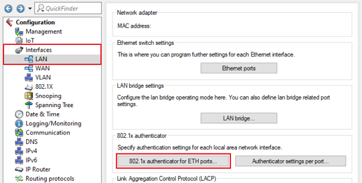 Screenshot of a network device's configuration interface showing various settings including management access, Ethernet interfaces, LAN bridge settings, logging, and routing protocols.