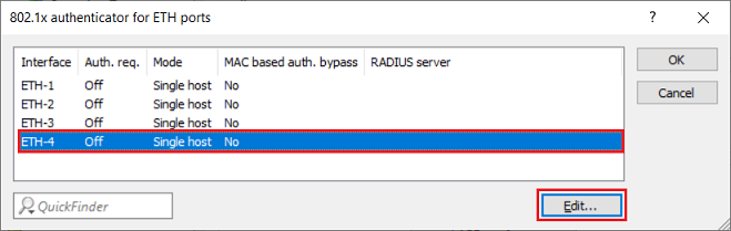 An image displaying a technical configuration interface for Ethernet port settings, featuring options for MAC-based authentication, auth bypass, and RADIUS server settings.