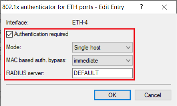 Screenshot of a user interface for configuring an Ethereum authentication on a technical device, showing options for interface settings and authentication requirements.
