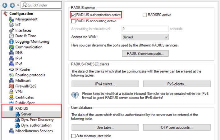 Image displaying a complex technical configuration interface with various settings for RADIUS accounting, certificate management, routing protocols, and user database configurations.