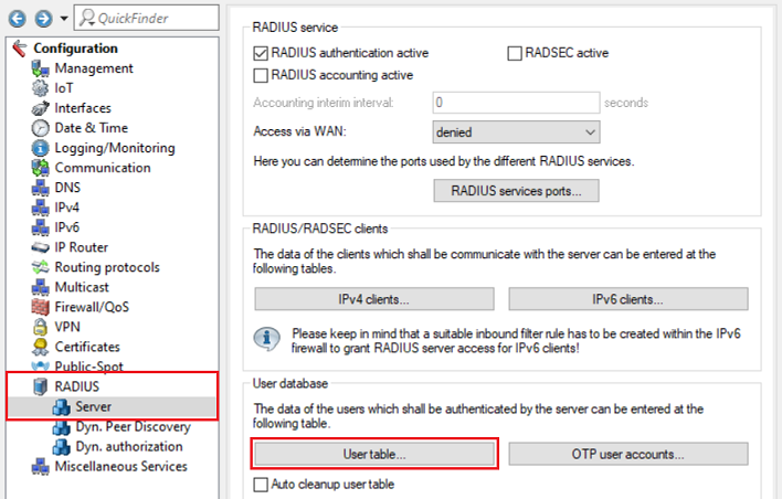 Image displaying a complex technical configuration menu for a RADIUS server, including sections for authentication, accounting, management, and various service settings.