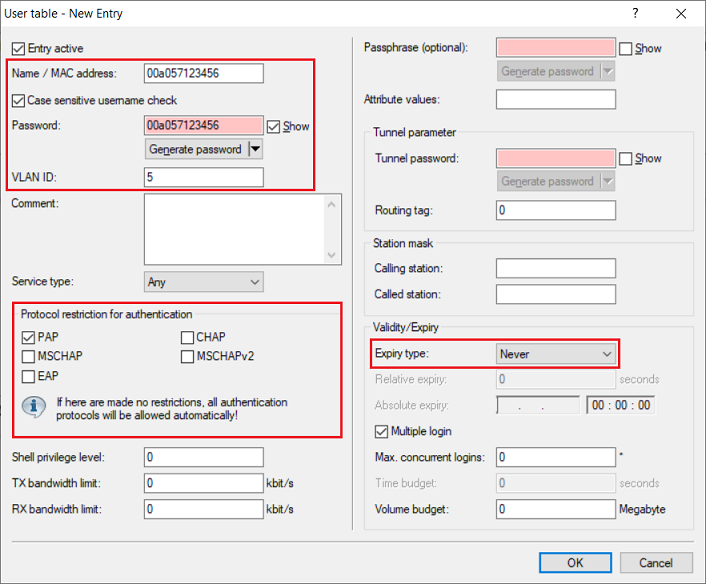 A screenshot of a technical configuration interface featuring various settings such as passphrase options, username generation, sensitivity checks, protocol restrictions, and expiry settings for authentication purposes.