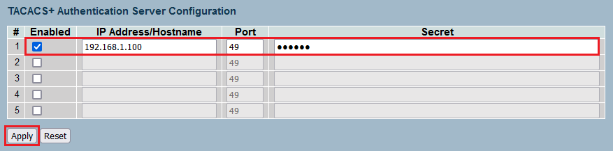 IP-Adresse und Secret Key für den TACACS-Server eintragen