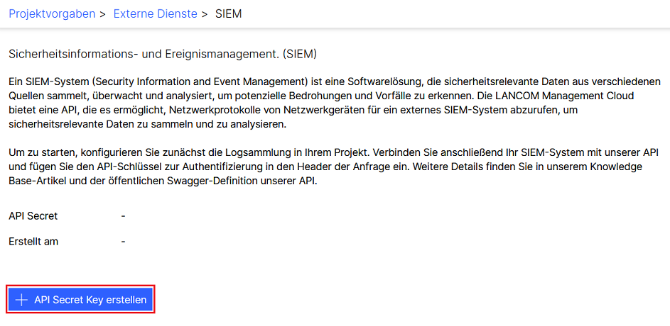 SIEM API Secret in der LMC erstellen