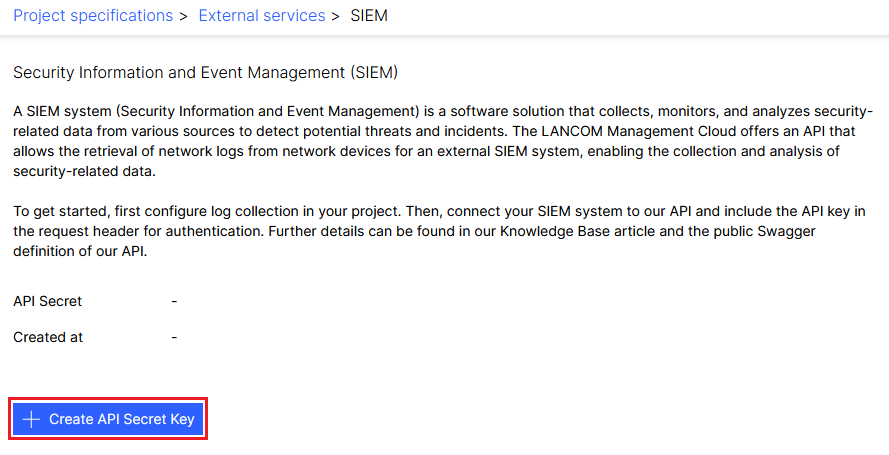 Create a SIEM API Secret Key in the LMC