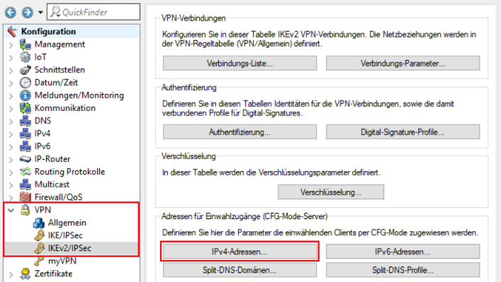 Aufruf des Dialogs IPv4-Adressen im VPN-Menü