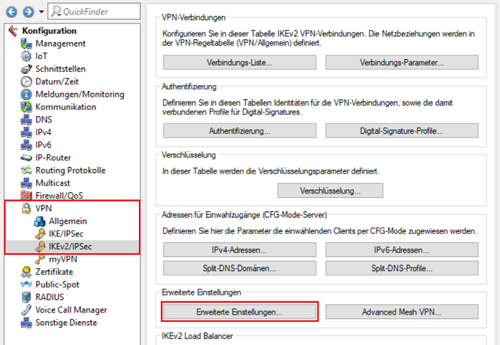 Aufruf des Dialogs Erweiterte Einstellungen im VPN-Menü