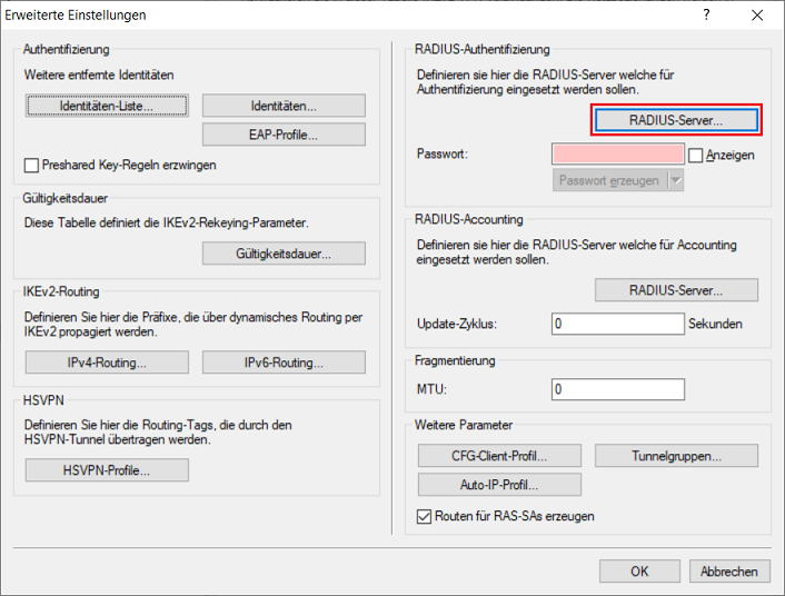 Aufruf des Dialogs zur Konfiguration eines RADIUS-Servers