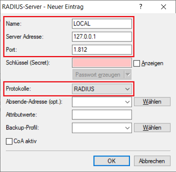 Dialog zur Konfiguration einer Verbindung zum RADIUS-Server