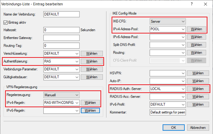 Modifikation der Parameter in der DEFAULT-VPN-Verbindung