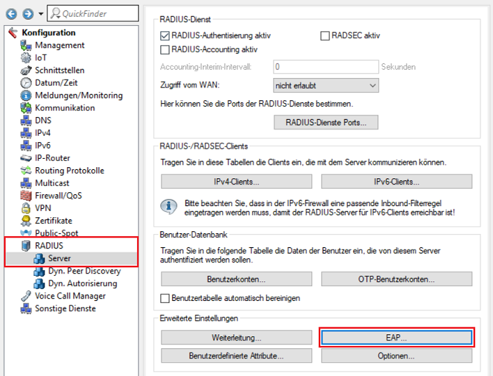 Aufruf des EAP-Dialogs im RADIUS-Menü