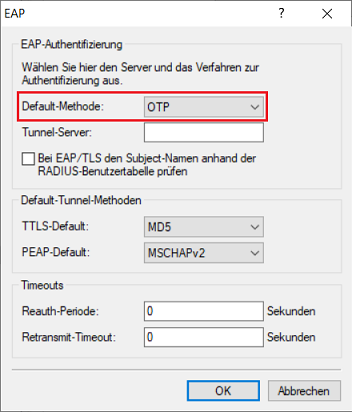 Dialog zur Konfiguration einer EAP-Authentifizierung