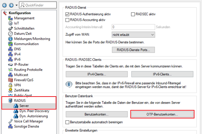 Aufruf des Dialogs OTP-Benutzerkonten im RADIUS-Menü