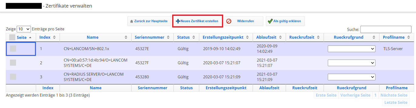 Verwaltungsdialog für Zertifikate in WEBconfig