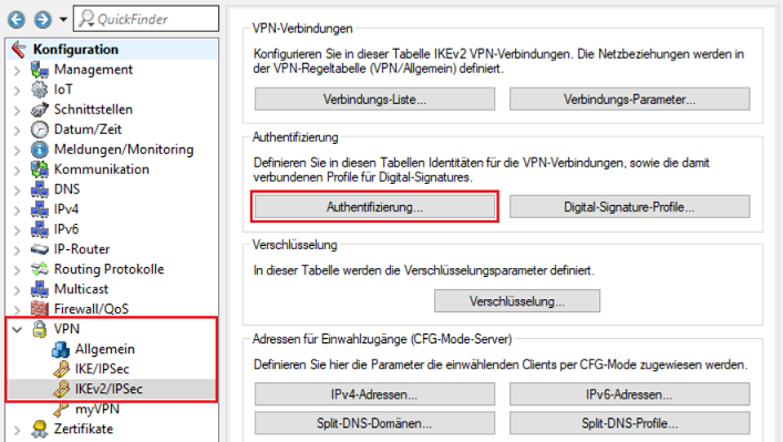 Aufruf des Dialogs Authentifikation im VPN-Menü