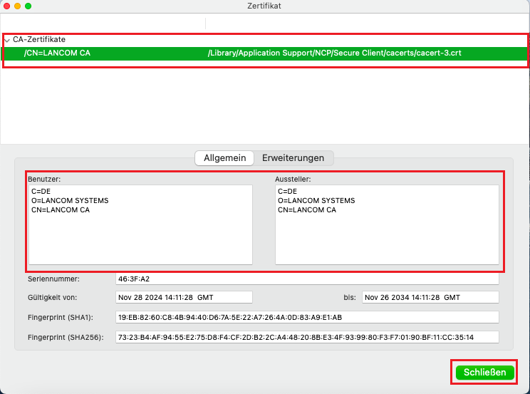 Dialog mit Anzeige vorhandener CA-Zertifikate