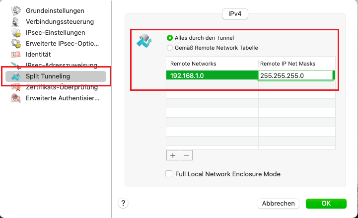 Konfiguration des Split-Tunneling im Profil-Assistent