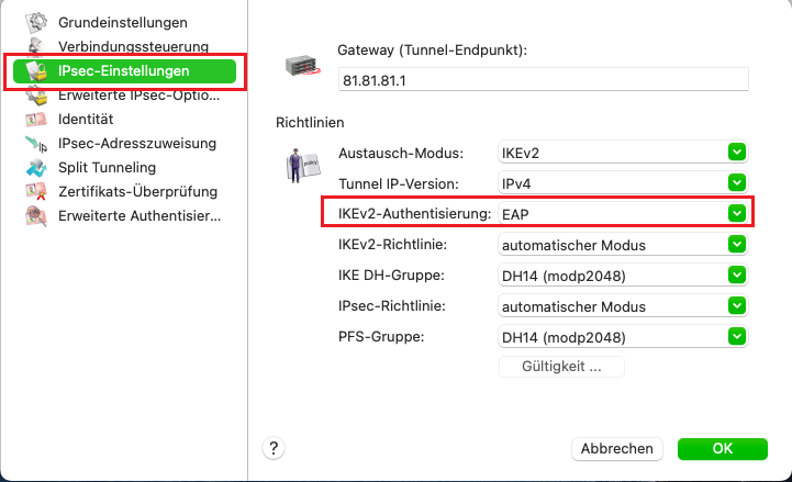 Änderung der IKEv2-Authentisierung auf EAP