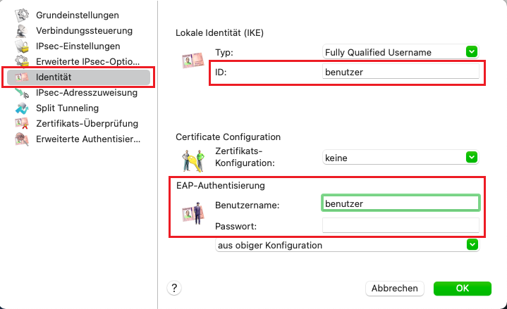 Anpassung der Daten für die VPN-Identität