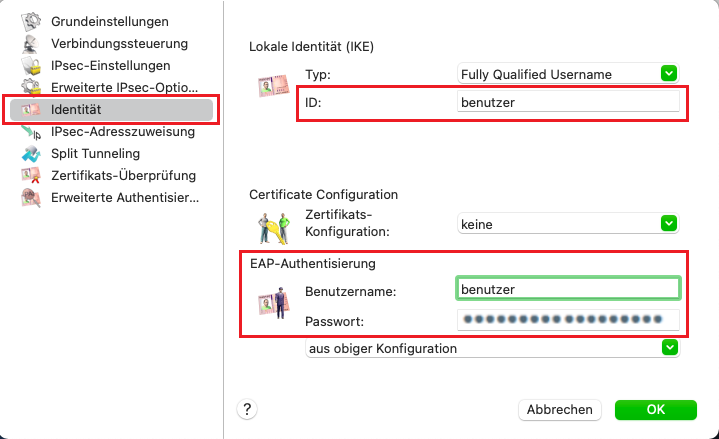 Anpassung der Daten für die VPN-Identität