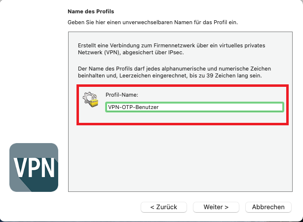 Eingabe eines Profil-Namens im Profil-Assistent