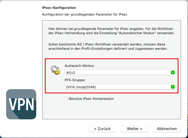 Auswahl von Austausch-Modus und PFS-Gruppe im Profil-Assistent