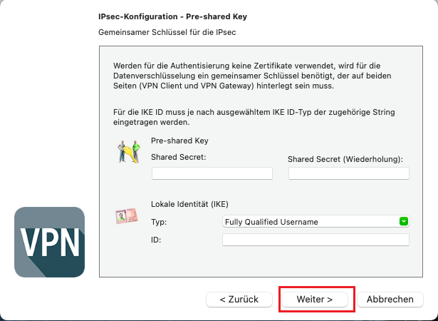 Eingabe einer lokalen Identität und eines Pre-Shared-Key im Profil-Assistent