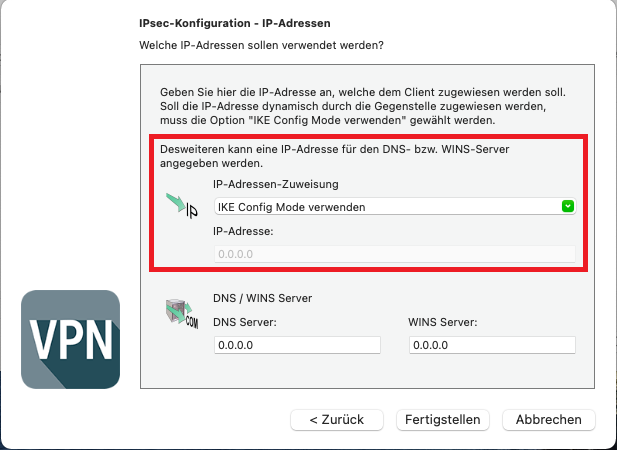 Festlegung der IP-Adressen-Zuweisung im Profil-Assistent